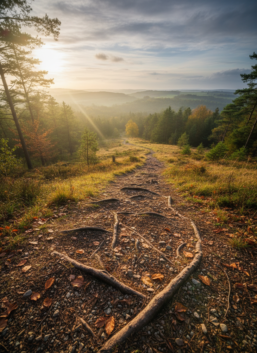 Forest path winding into sunlit clearing, abstract nature