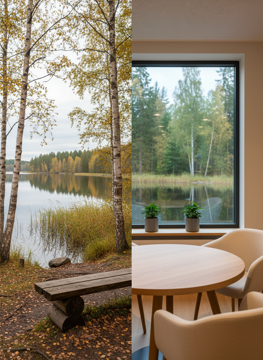 A balanced split outdoor–indoor scene illustrating nature retreat and supervision as equal services. On the left, a tranquil forest lakeshore with a sturdy wooden bench facing still water, framed by reeds and birch trees. On the right, a warm, minimalist meeting corner with a round wooden table, two comfortable fabric armchairs, and a large window reflecting greenery outside. Soft natural light bathes both sides, creating continuity between nature and interior reflection. Photographic realism, calm and professional mood, captured from an eye-level perspective, with the composition evenly divided and both spaces in crisp focus to symbolize equal importance of outdoor retreats and supervisory reflection.