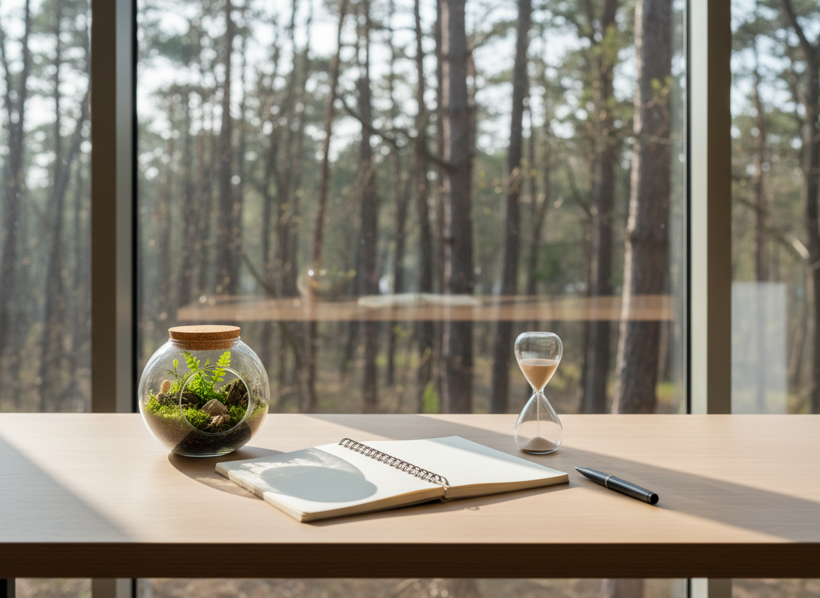 A tidy, professional supervision workspace that still feels connected to nature: a light wooden desk near a large window overlooking a calm forest. On the desk lie an open, cream-colored notebook filled with blank pages, a simple sand timer, and a small potted moss terrarium. Soft, diffused daylight streams through, casting subtle reflections on the glass of the terrarium and gentle shadows from the sand timer. Outside, tall trees and branches are slightly blurred, emphasizing the interior space. Photographic realism, eye-level composition with moderate depth of field, creating a focused, grounded atmosphere that suggests structured, thoughtful reflection balanced with the calming presence of the natural world.